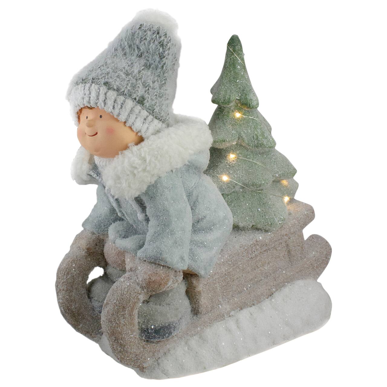 15" Beige & Green Lighted Boy on a Sled Christmas Decoration